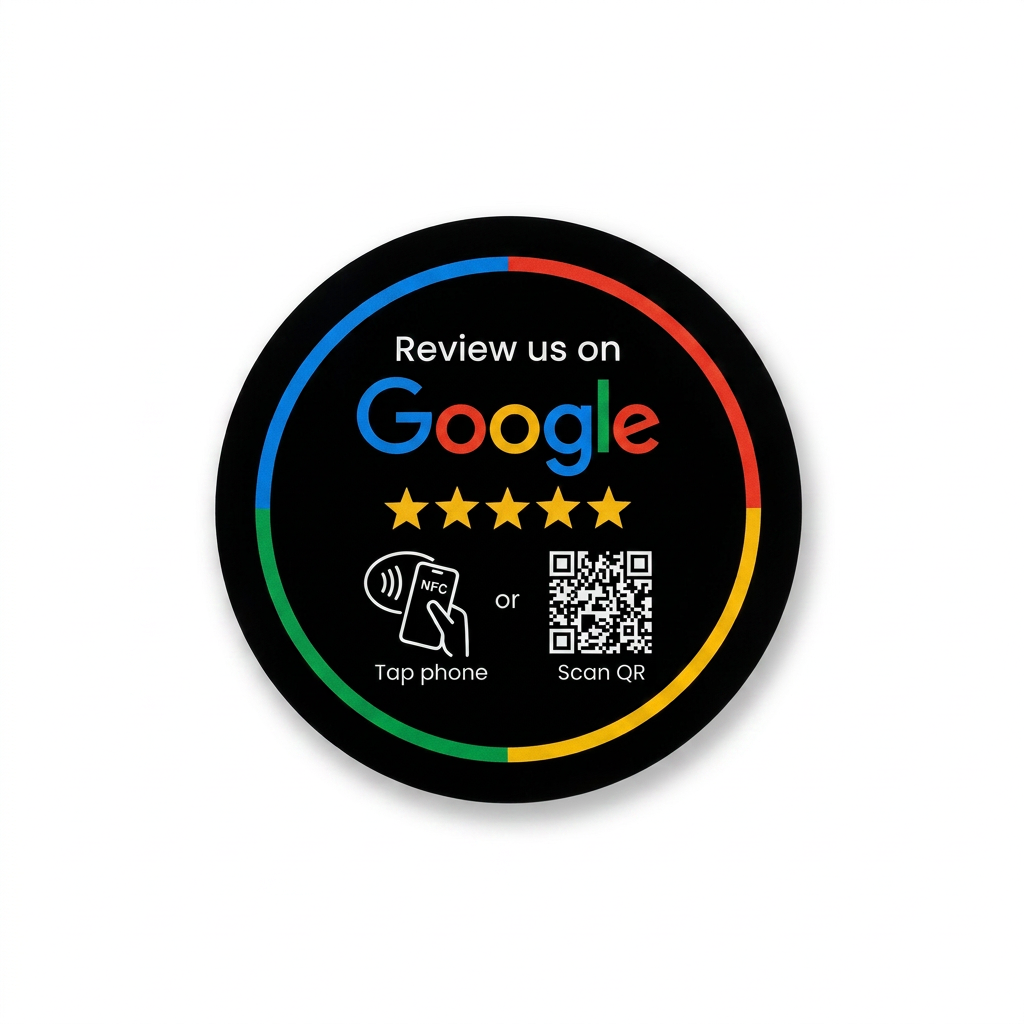 Okrugla crna Google review NFC kartica s QR kodom