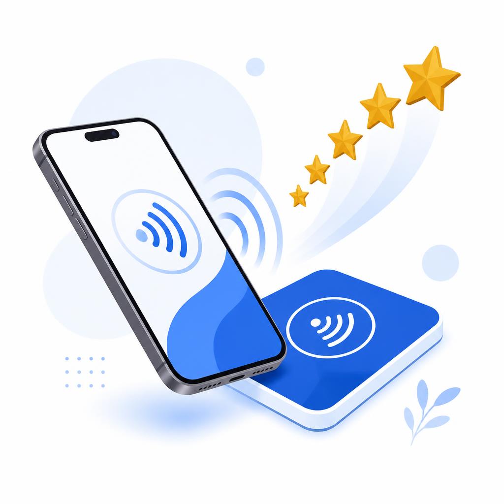 Ilustracija telefona koji dodirom čita NFC review karticu i otvara pet zvjezdica